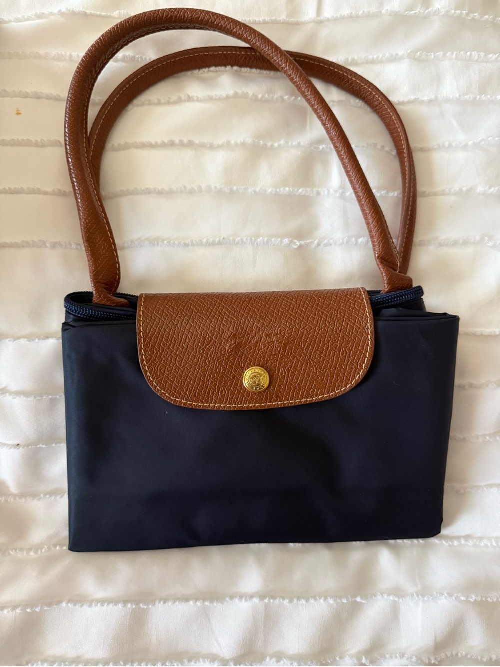 Longchamp Navy and Brown Shoulder Bag with Gold Accent